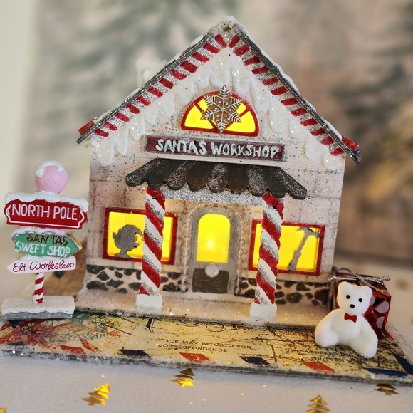 etro Inspired Upcycled LED Santa's Workshop Village House - Yellow Light - Picture 9 of 9